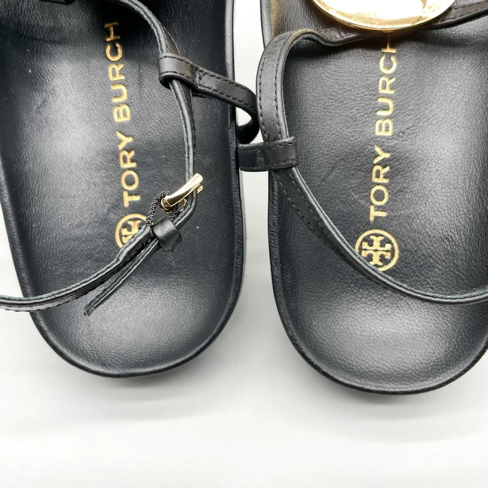 Tory Burch Patos Disk Sandals Womens 7.5 Black Leather Thong Slingback Flat Shoe